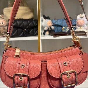 Elegant Pink Leather Shoulder Bag with Matching Wallet